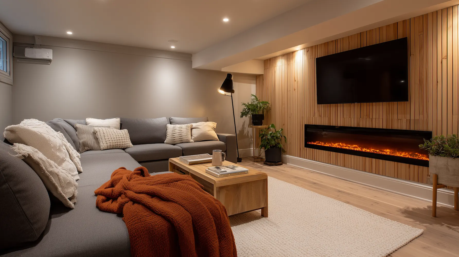 Finished basement family rec room with oak feature wall and electric fireplace by Aloe Contracting in Barrie