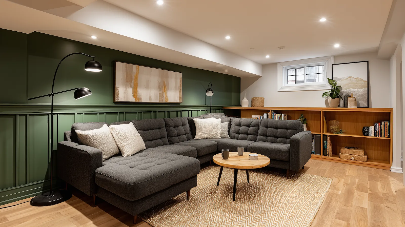 Finished basement rec room with green feature wall and built-in bookshelves by Aloe Contracting in Barrie