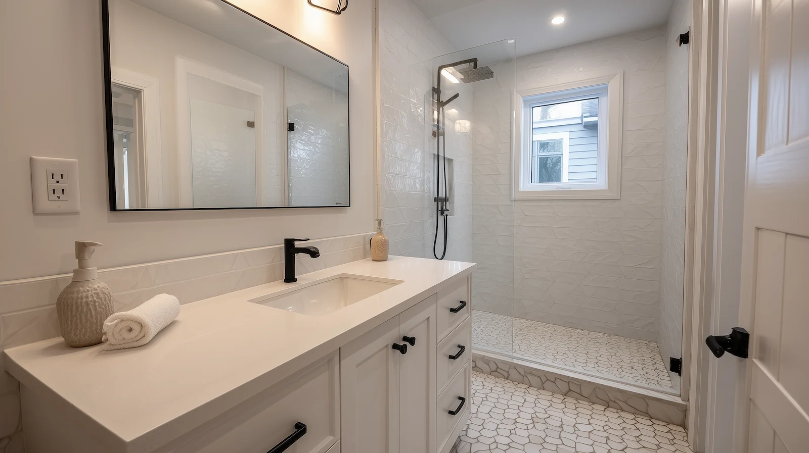 Modern white bathroom renovation with walk-in shower in Barrie by Aloe Contracting