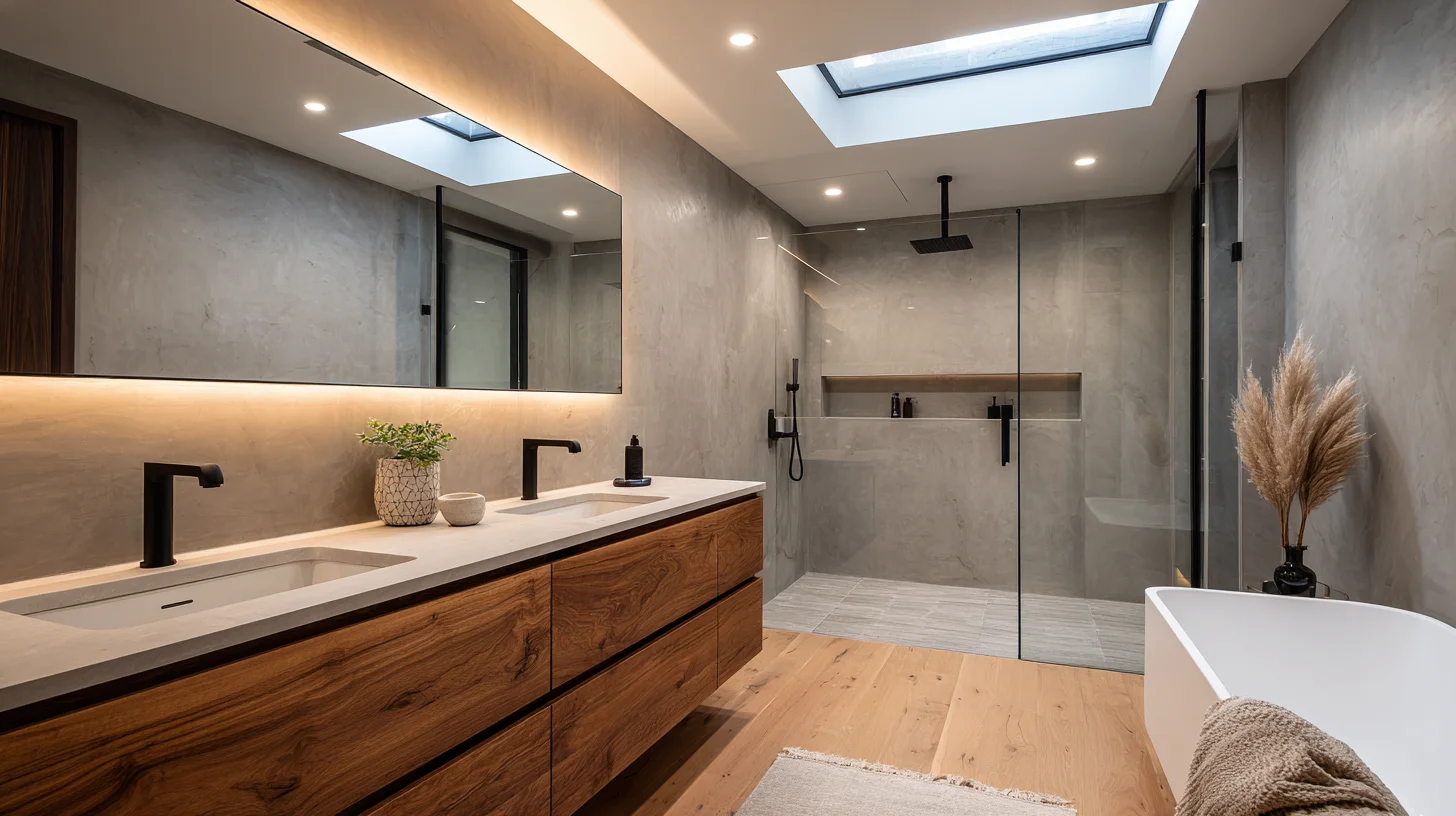 Modern ensuite bathroom renovation with oak vanity and walk-in shower by Aloe Contracting