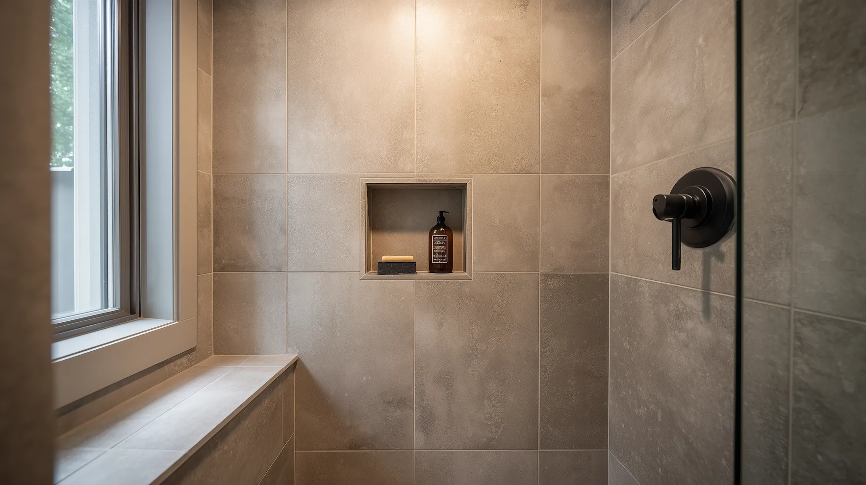 Walk-in shower tile detail with built-in niche by Aloe Contracting in Barrie