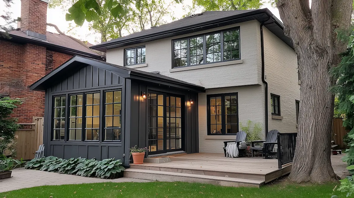 Two storey rear home addition with charcoal board and batten siding by Aloe Contracting in Barrie