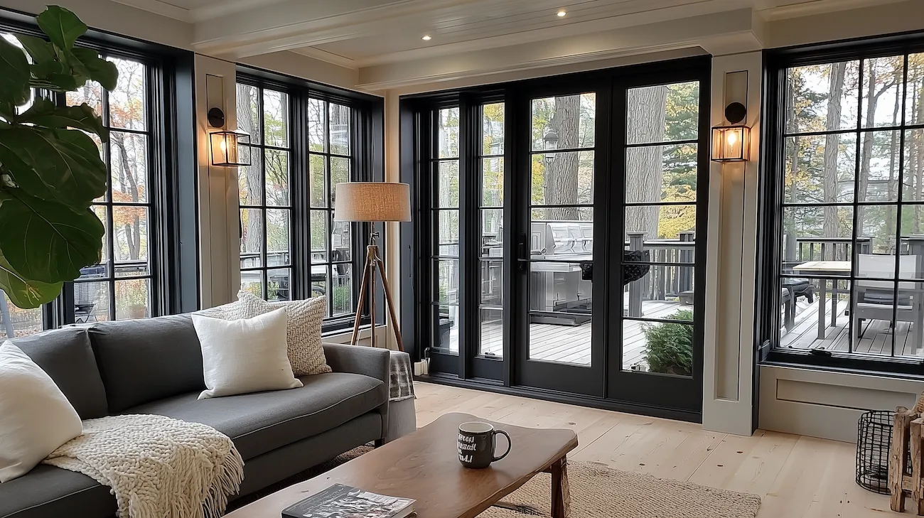 Interior of a finished home addition family room with black framed patio doors by Aloe Contracting in Barrie