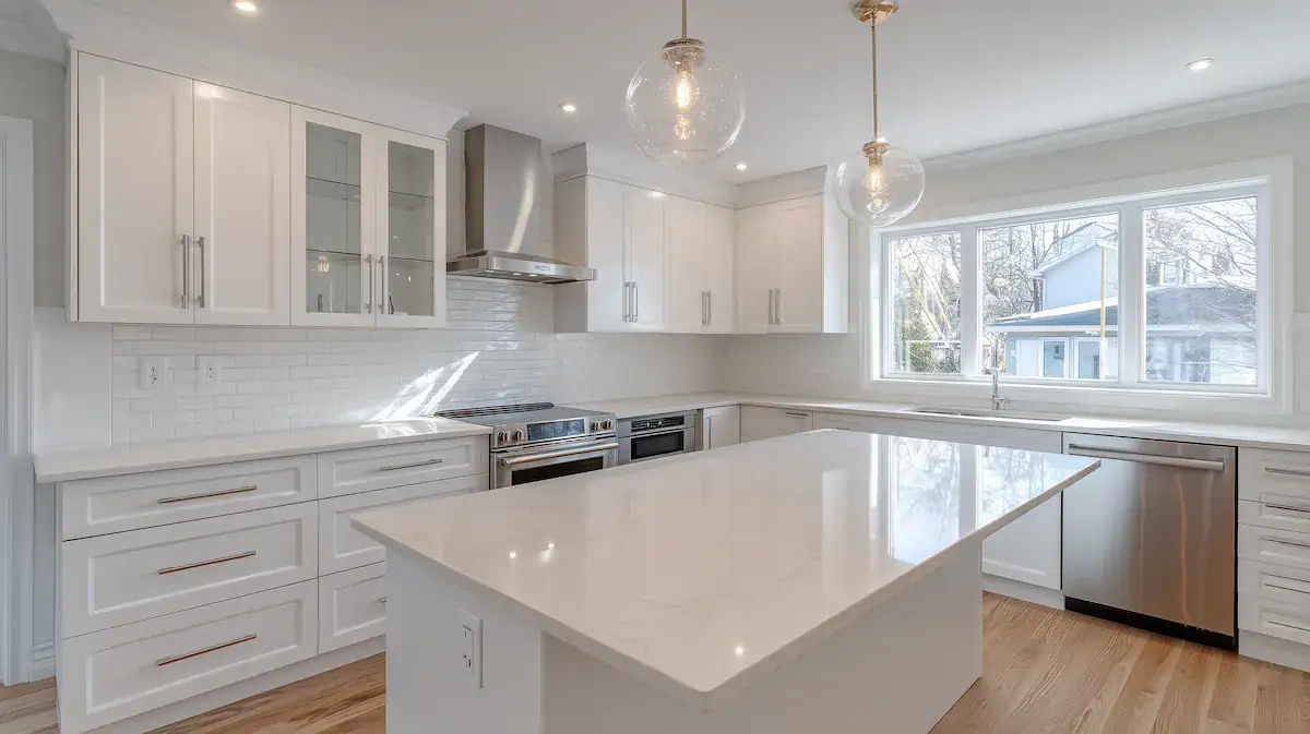 Modern white kitchen renovation in Barrie by Aloe Contracting