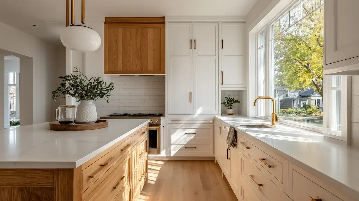 Two tone kitchen renovation with white shaker cabinets and warm oak island by Aloe Contracting in Barrie