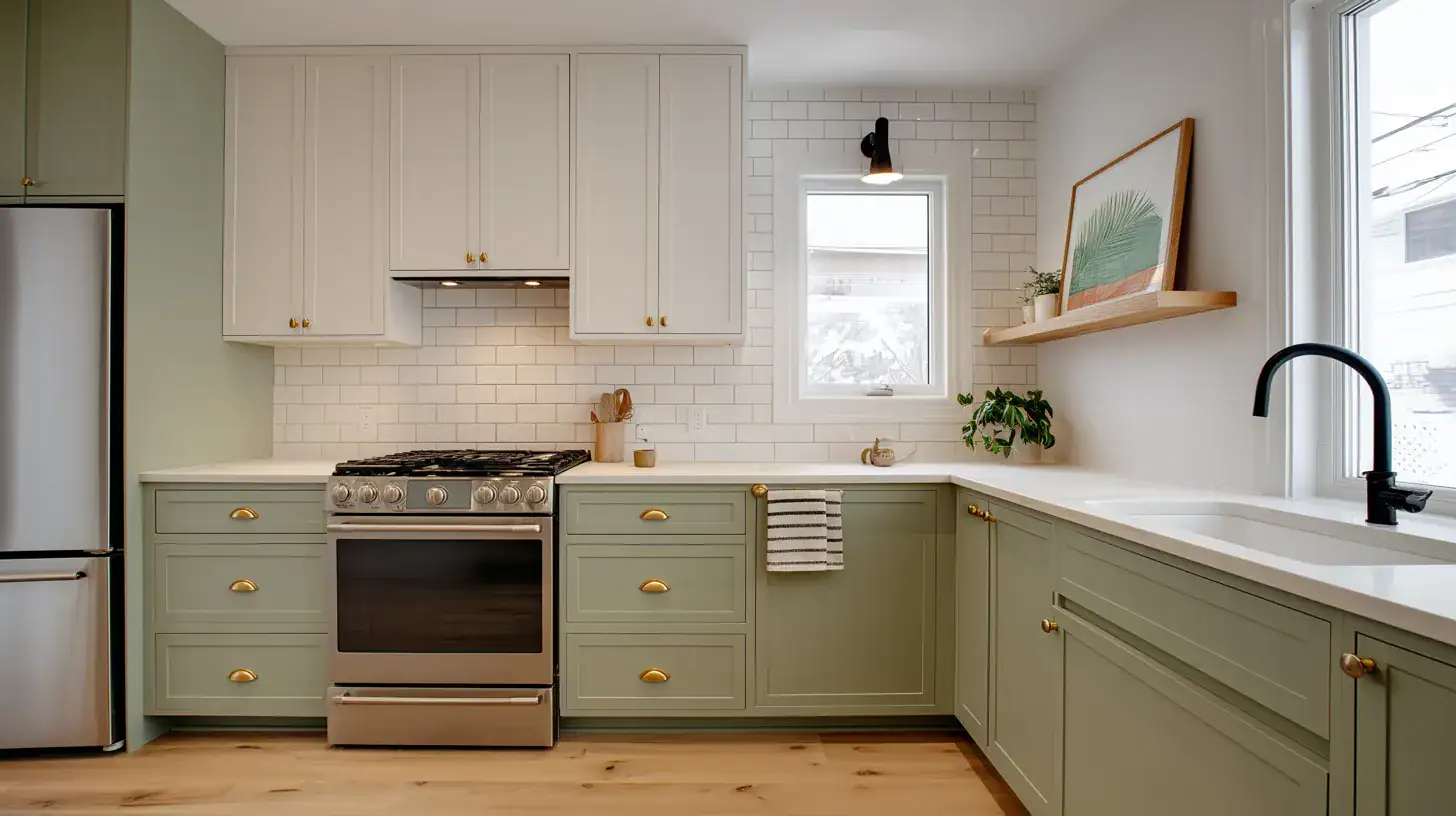 Renovated galley kitchen with sage green shaker cabinets and aged brass hardware in a Barrie bungalow by Aloe Contracting